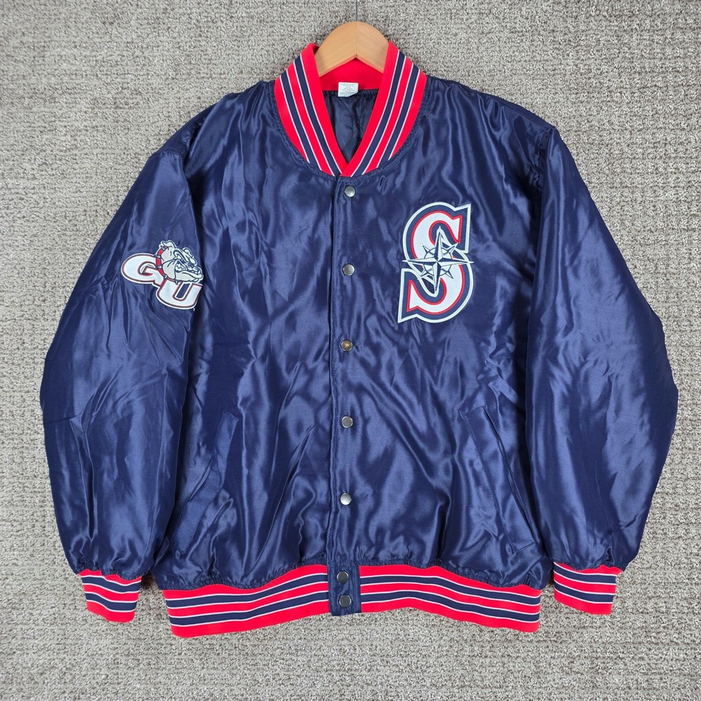 Seattle Mariners Gonzaga MLB Satin Varsity Bomber Jacket Navy Blue Red Mens Lg